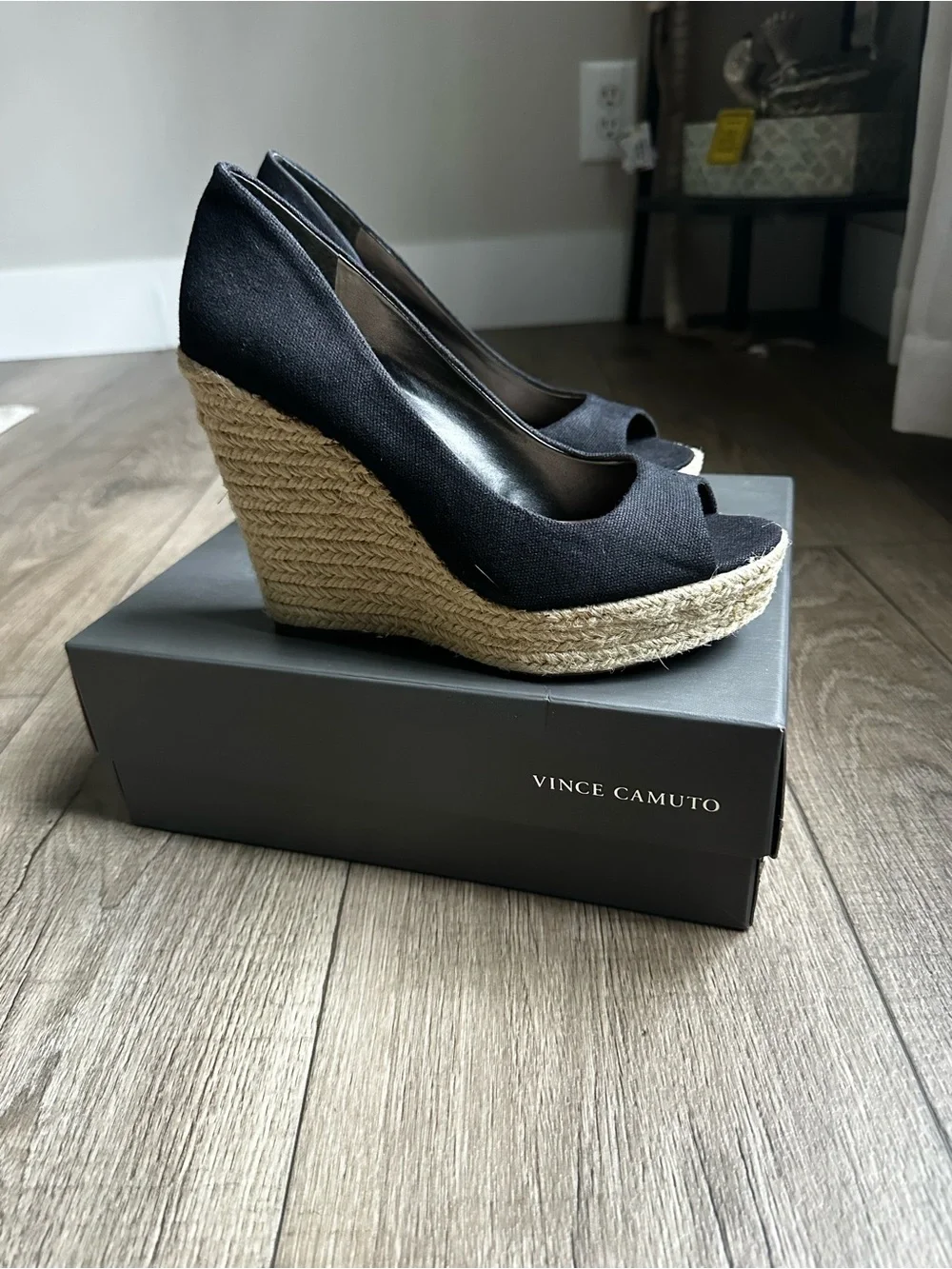 Vince Camuto Black Peep-Toe Espadrille Wedge Sandals